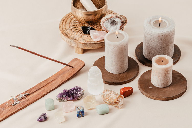 Incense, spiritual healing healing stones, candles, meditation.