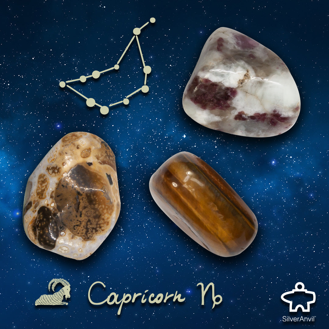 Capricorn Zodiac Healing Stone Set Silver Anvil Rock and Gem