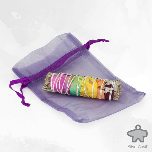white sage smudge stick with 7 chakra rose petal.