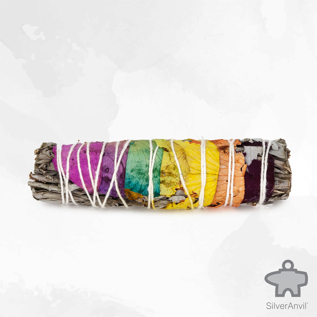 white sage smudge stick with 7 chakra rose petal.
