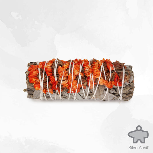 White Sage smudge stick with orange sinuata flowers for joy and happiness.