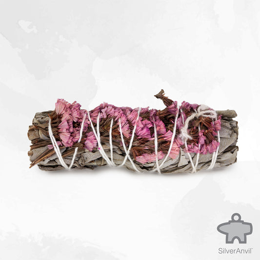 White Sage smudge stick with pink sinuata flowers for cleansing
