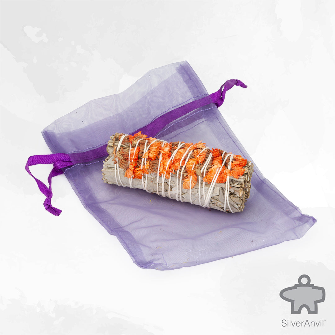 White Sage smudge stick with orange sinuata flowers for joy and happiness with bag.